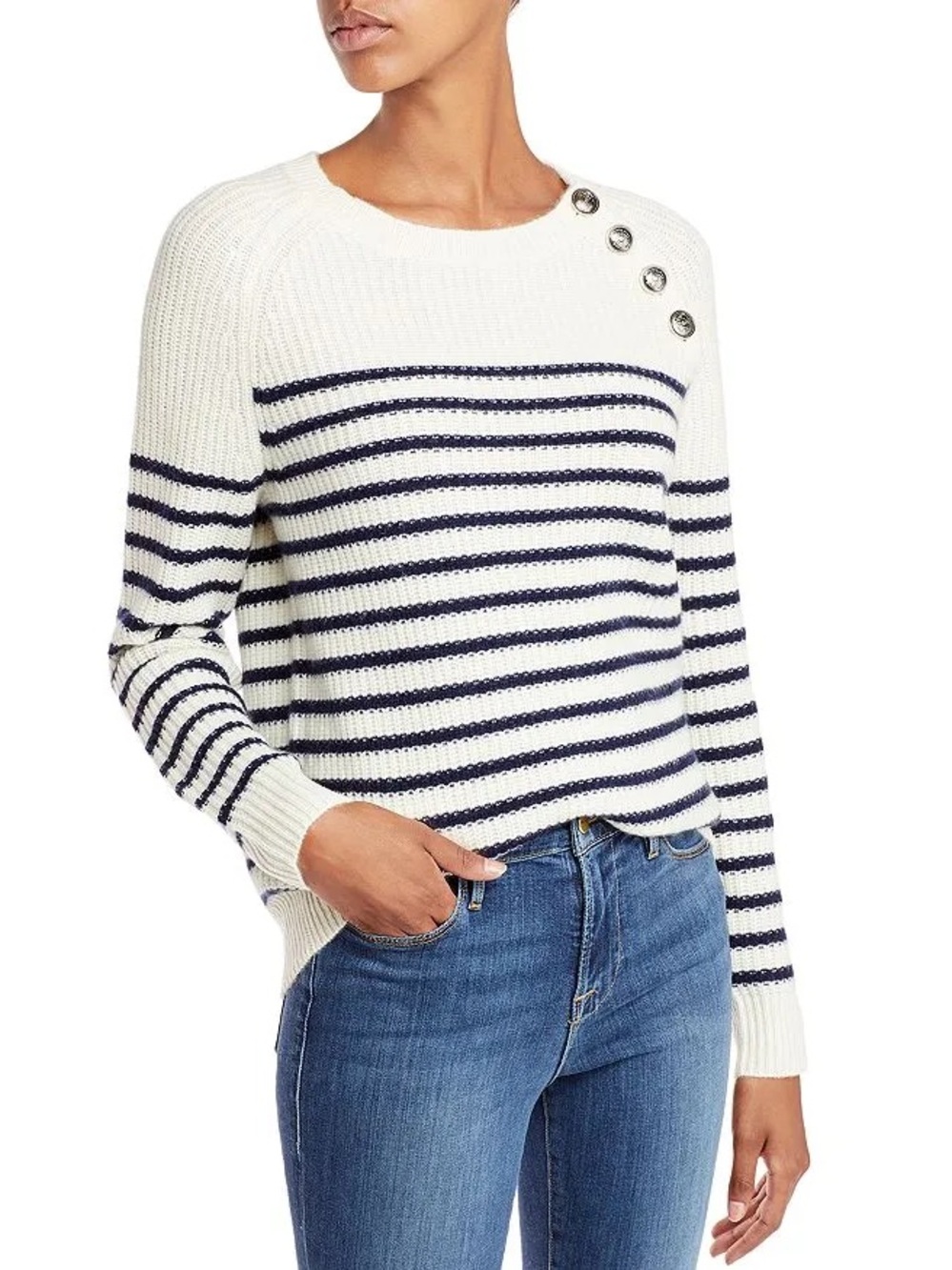 AQUA Striped Navy & White Boatneck Sweater with Shoulder Buttons - 100% Cashmere